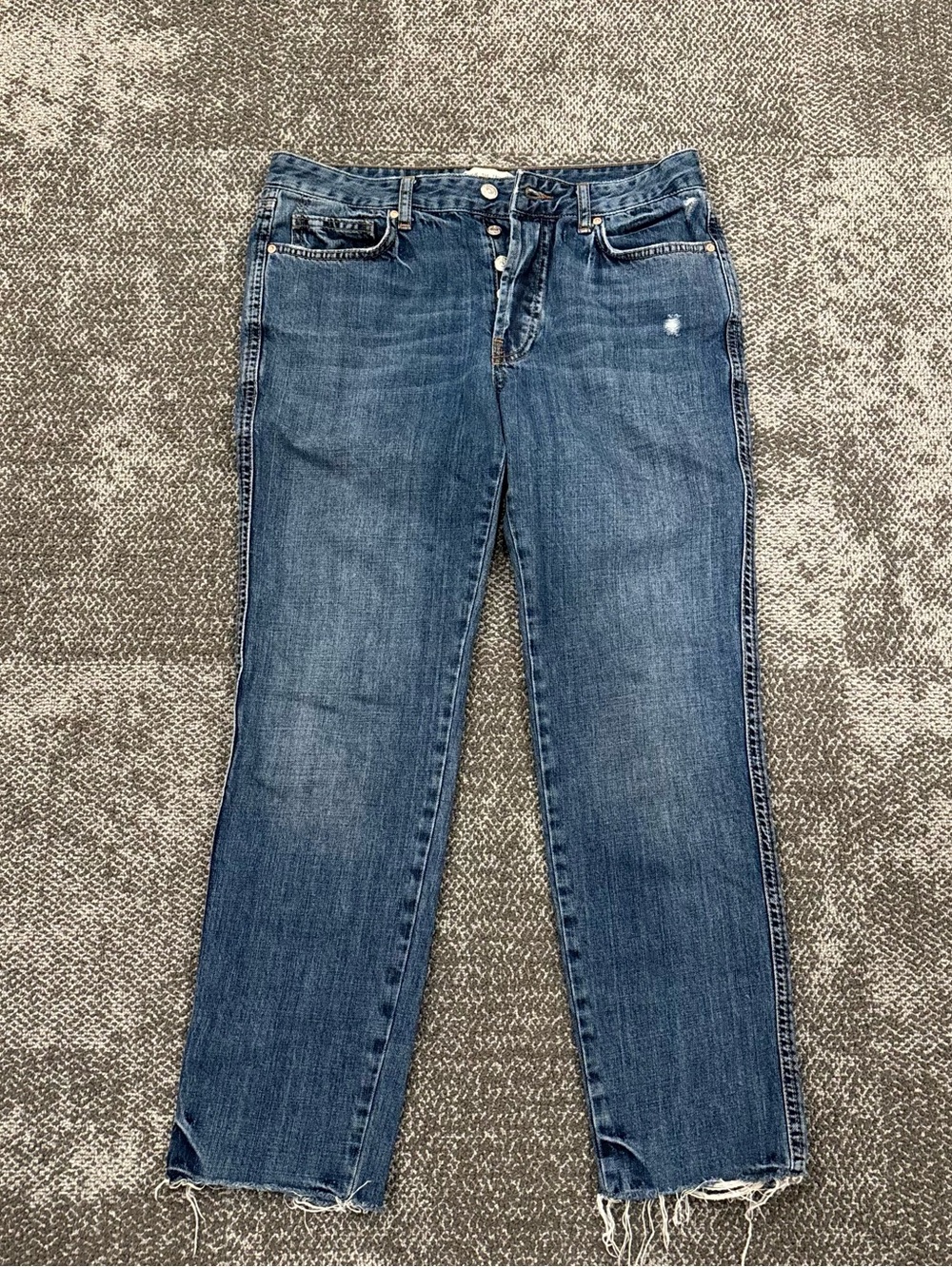 Free People We The Free Button Fly Distressed Raw Hem Denim Blue Jeans Womens 26